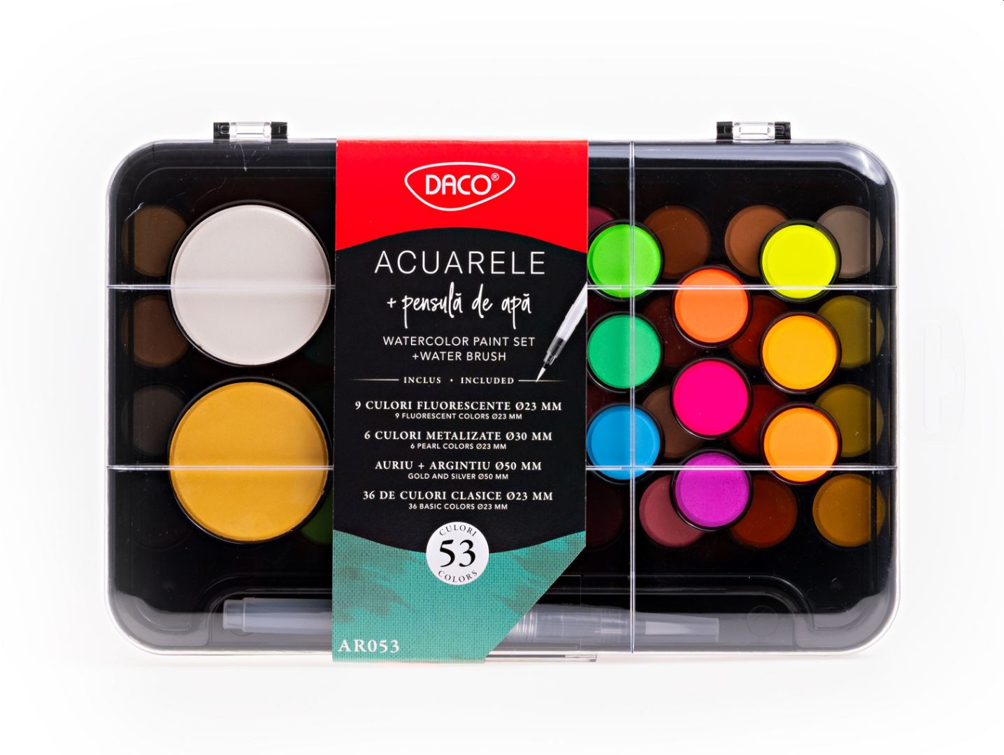 Acuarele 53 culori, fluorescente, metalizate si clasice, cu pensula cu rezervor apa, paleta amestec, Daco